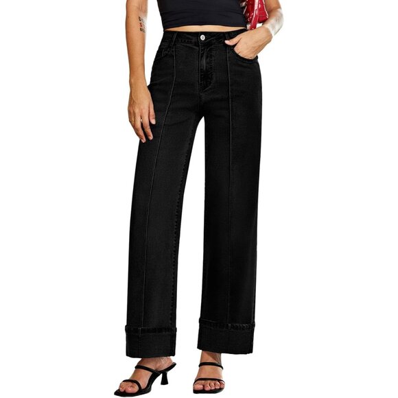 Women's Wide Leg Cuffed High Waisted Stretchy Denim Jeans with Pockets - Picture 6 of 6